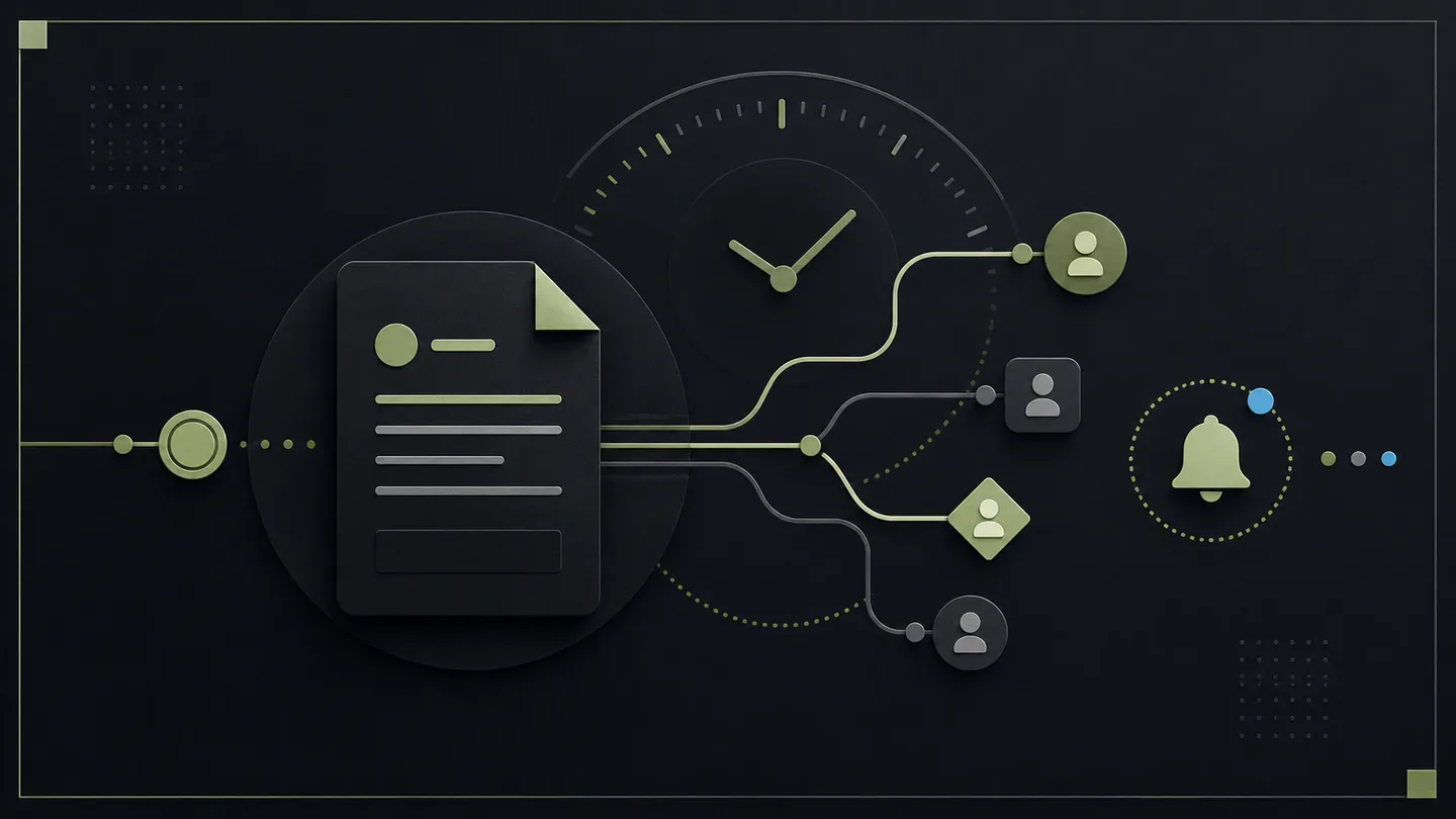 Generated abstract title artwork, not a project screenshot, showing a request document routed through SLA timing and notification symbols.
