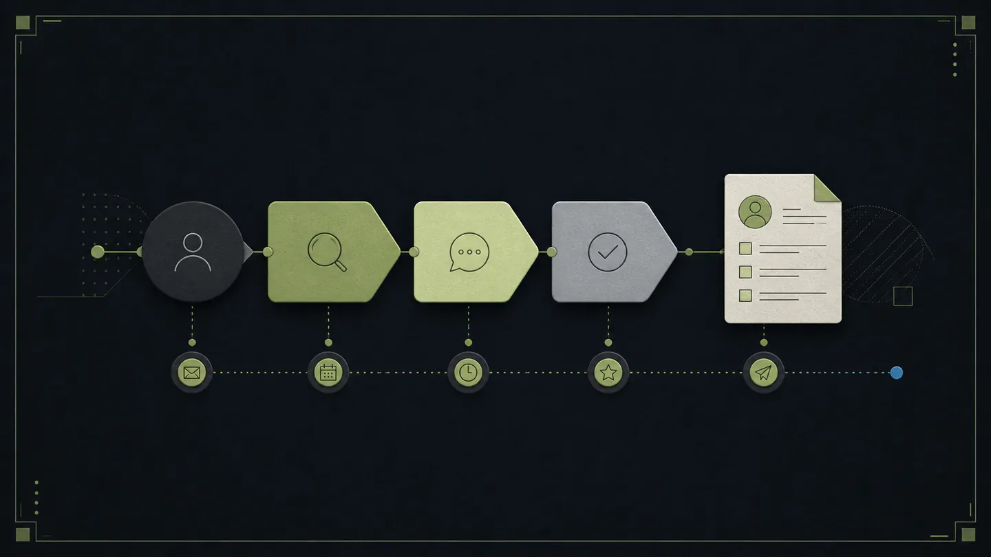 Generated abstract title artwork, not a project screenshot, showing an application moving through connected stages with follow-up task symbols.