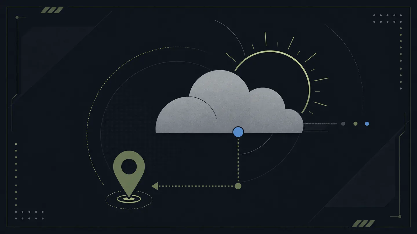 Generated abstract title artwork, not a project screenshot, showing a location marker connected to cloud and sun symbols.